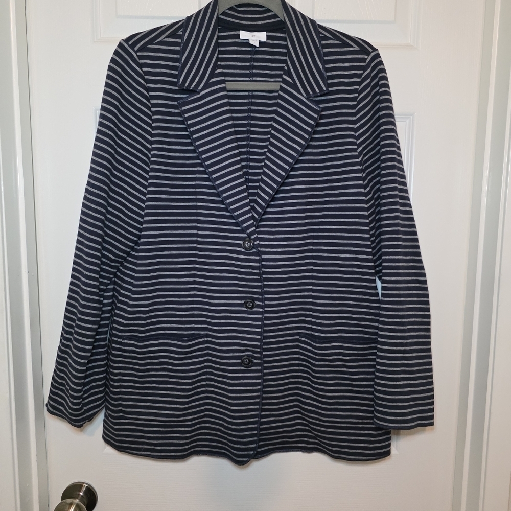 J. Jill Single Breasted Navy Striped Cotton Blend Blazer Jacket Size L